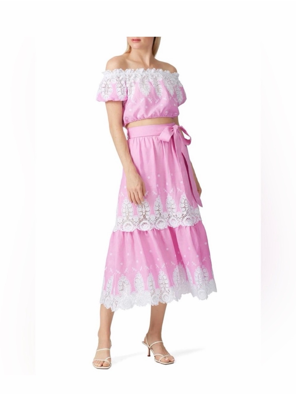 Miguelina Pink Eyelet Lace Tiered Midi Skirt with Sash